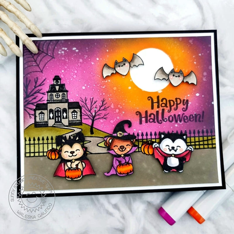 Sunny Studio Happy Halloween Haunted House with Costumed Critters & Moonlit Sky Card (using Fall Scenes Clear Stamps)