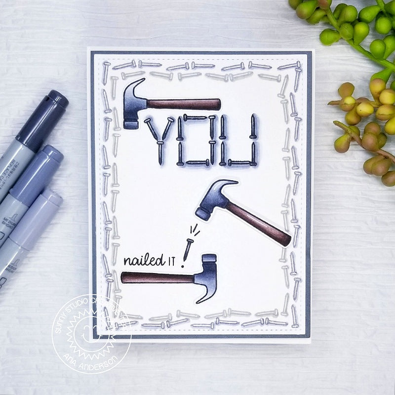 Sunny Studio Stamps Hammer & Nails You Nailed It Card by Ana Anderson (using Tool Time 2x3 Clear Photopolymer Stamp Set)