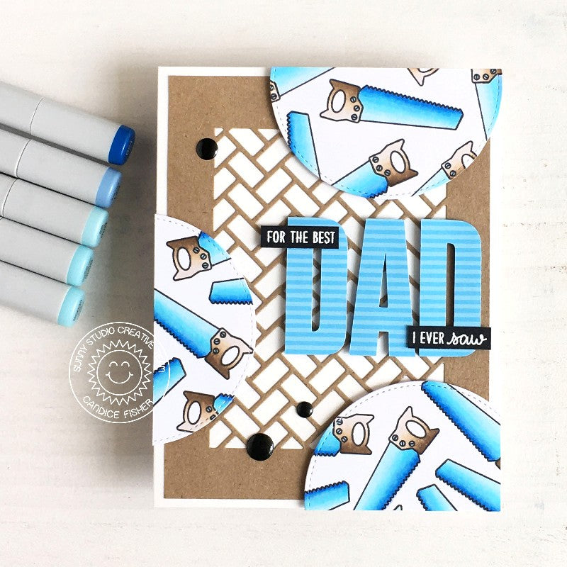 Sunny Studio Saw Puns Kraft Paper & Blue Punny Father's Day Handmade Card using Tool Time Mini Clear Photopolymer Stamps