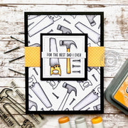 Sunny Studio Yellow, Black & White For The Best Dad I Ever Saw & Hammer Father's Day Card using Tool Time Mini Clear Stamps