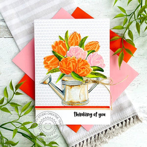 Sunny Studio Pink & Orange Tulip Flowers in Watering Can Spring Thinking of You Card using Tranquil Tulips 4x6 Clear Stamps