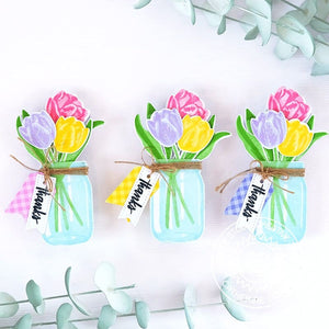 Sunny Studio Spring Tulips in Vintage Jar with Twine Bow and Thank You Gift Tag using Tranquil Tulips Clear Layering Stamps