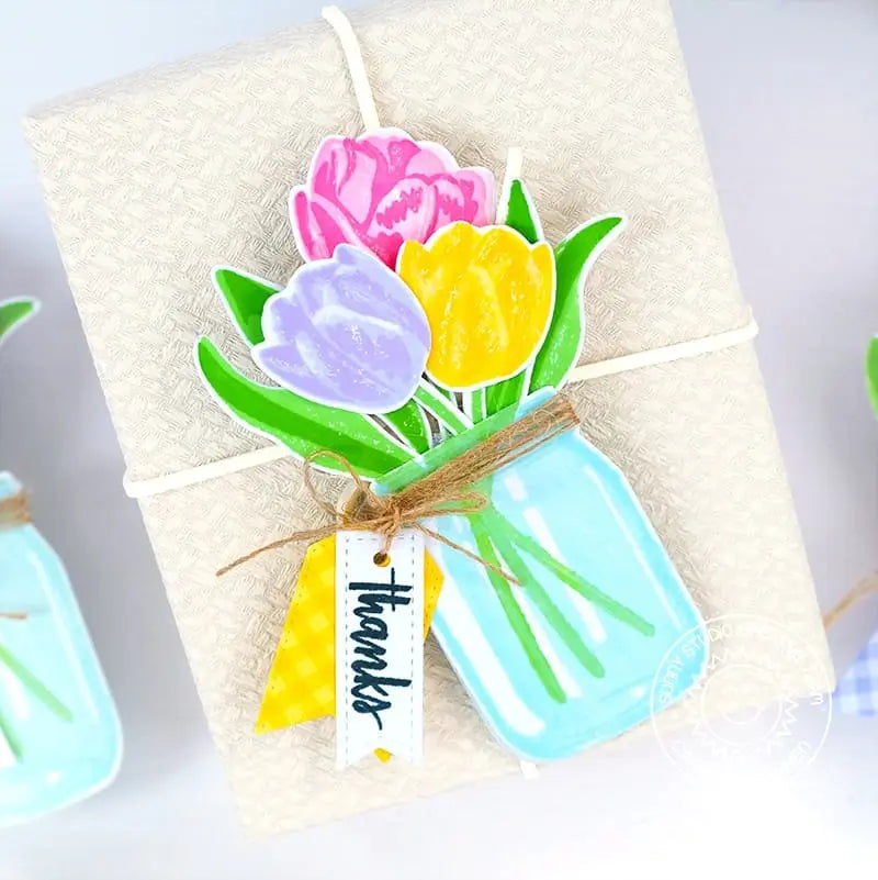 Sunny Studio Spring Tulips in Canning Jar with Twine Bow and Thank You Gift Tag (using Vintage Jar 3x4 Clear Stamps)