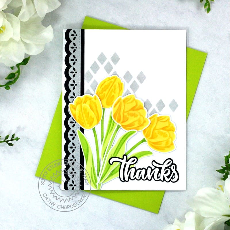Sunny Studio Yellow Spring Tulip Flowers Scalloped Thank You Card (using Frilly Frames Lattice Metal Cutting Dies as a stencil)