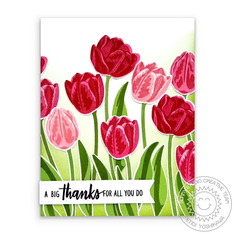 Sunny Studio A Big Thanks For All You Do Tulip Field Floral Thank You Card (using Tranquil Tulips 4x6 Clear Layering Stamps)
