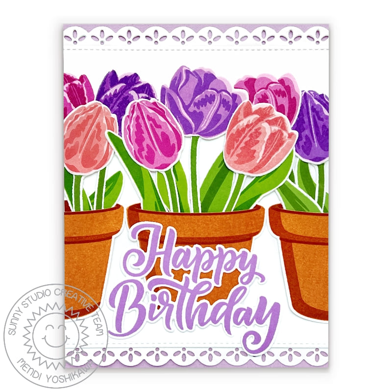 Sunny Studio Spring Floral Tulip Flowers in Flowerpots Birthday Card (using Potted Rose 4x6 Clear Layering Stamps)