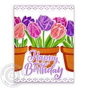 Sunny Studio Spring Tulips in Flowerpots Scalloped Birthday Card (using Ribbon & Lace Border Slimline Metal Cutting Dies)