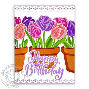 Sunny Studio Spring Tulip Flowers in Flowerpots Birthday Card (using Big Bold Greetings 4x6 Clear Sentiment Stamps)