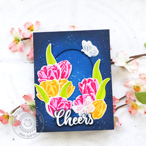 Sunny Studio Cheers Spring Tulip Flowers & Butterflies Navy Floral Card (using Tranquil Tulips 4x6 Clear Stamps)