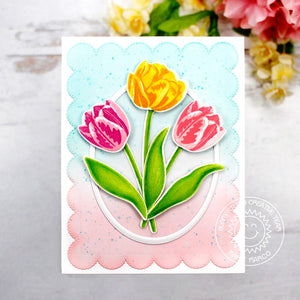 Sunny Studio Spring Tulip Flowers Scalloped Oval Frame Card (using Tranquil Tulips 4x6 Clear Layered Layering Stamps)