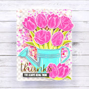 Sunny Studio Hot Pink Spring Tulips in Aqua Watering Can Thank You Shaker Card (using Watering Can 4x6 Clear Layering Stamps)
