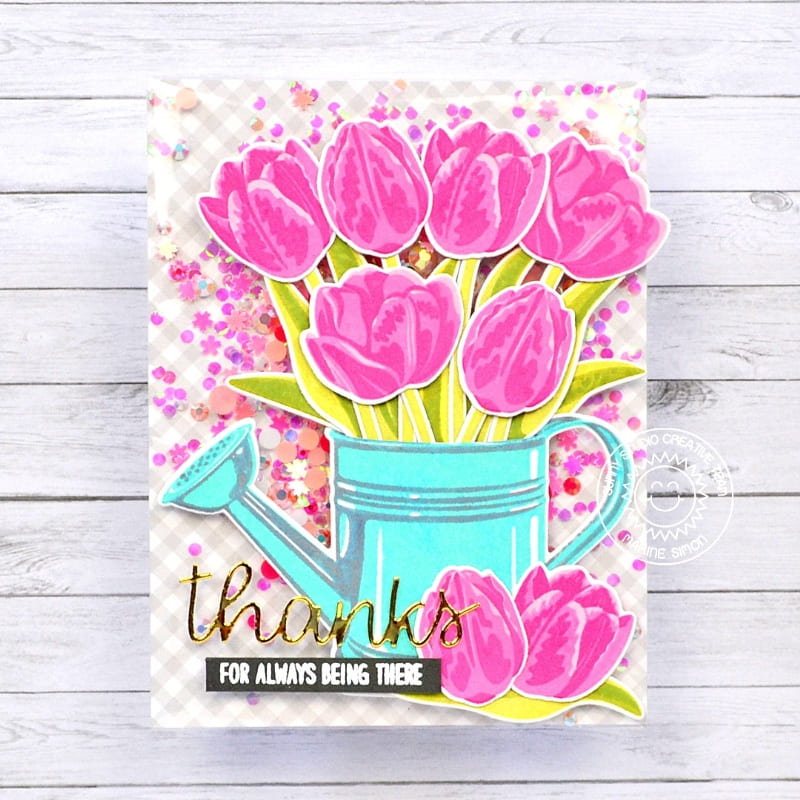 Sunny Studio Hot Pink Spring Tulips in Aqua Watering Can Thank You Shaker Card (using Tranquil Tulips 4x6 Clear Stamps)
