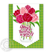Sunny Studio My Heart is Yours Floral Flower Jar Scalloped Valentine's Day Card using Tranquil Tulips Clear Layering Stamps