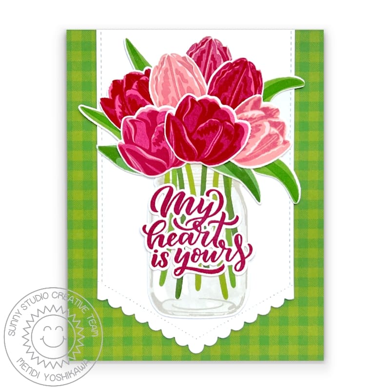 Sunny Studio My Heart is Yours Spring Tulip Flowers in Jar Scalloped Valentine's Day Card (using Lovey Dovey Sentiment Stamps)