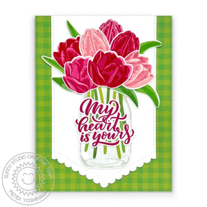 Sunny Studio My Heart is Yours Spring Tulip Flowers in Jar Scalloped Valentine's Day Card (using Fishtail Banner II Dies)