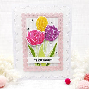 Sunny Studio Tulip Flower Floral Scalloped Spring Birthday Card (using Tranquil Tulips 4x6 Clear Layering Stamps)