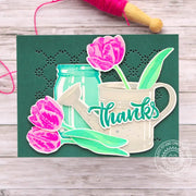 Sunny Studio Layered Spring Tulips Floral Flowers & Watering Can Thank You Card (using Vintage Jar 3x4 Clear Layering Stamps)