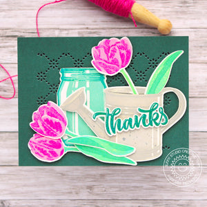 Sunny Studio Spring Flowers Floral Watering Can & Vintage Jar Thank You Card using Tranquil Tulips 4x6 Clear Layering Stamps