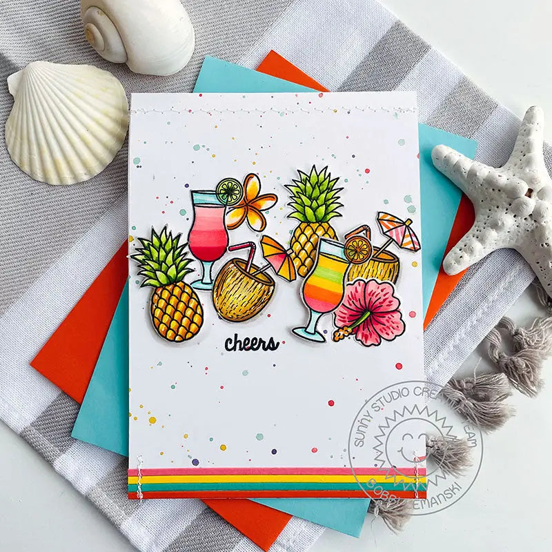 Sunny Studio Cheers Pinapple & Coconut Fruity Colorful Drinks Summer Card (using Tropical Paradise 4x6 Clear Stamps)