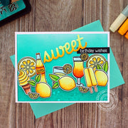 Sunny Studio Orange & Turquoise Ice Cream, Lemons, Soda Pop Bottle Birthday Wishes Card using Summer Sweets 4x6 Clear Stamps