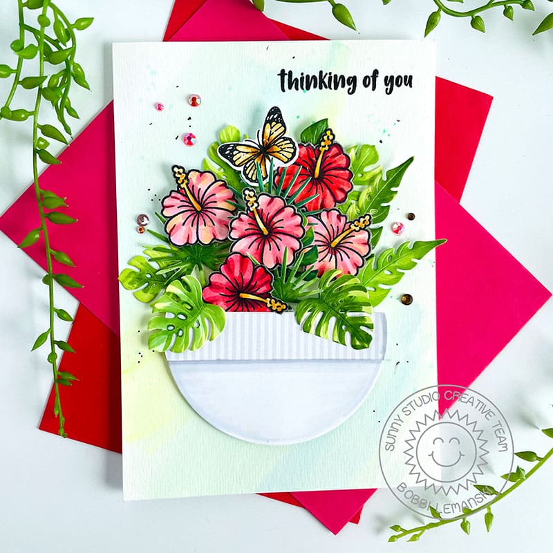 Sunny Studio Stamps Hibiscus Floral Flowers & Tropical Leaves Thinking of You Card using Summer Greenery Metal Cutting Dies