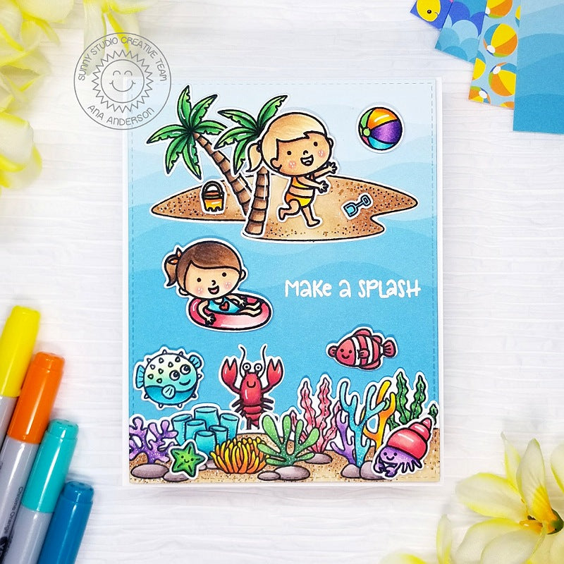 Sunny Studio Kids on Beach with Ocean Coral, Sea Animals and Palm Trees Card using Tropical Scenes Summer Border Clear Stamps