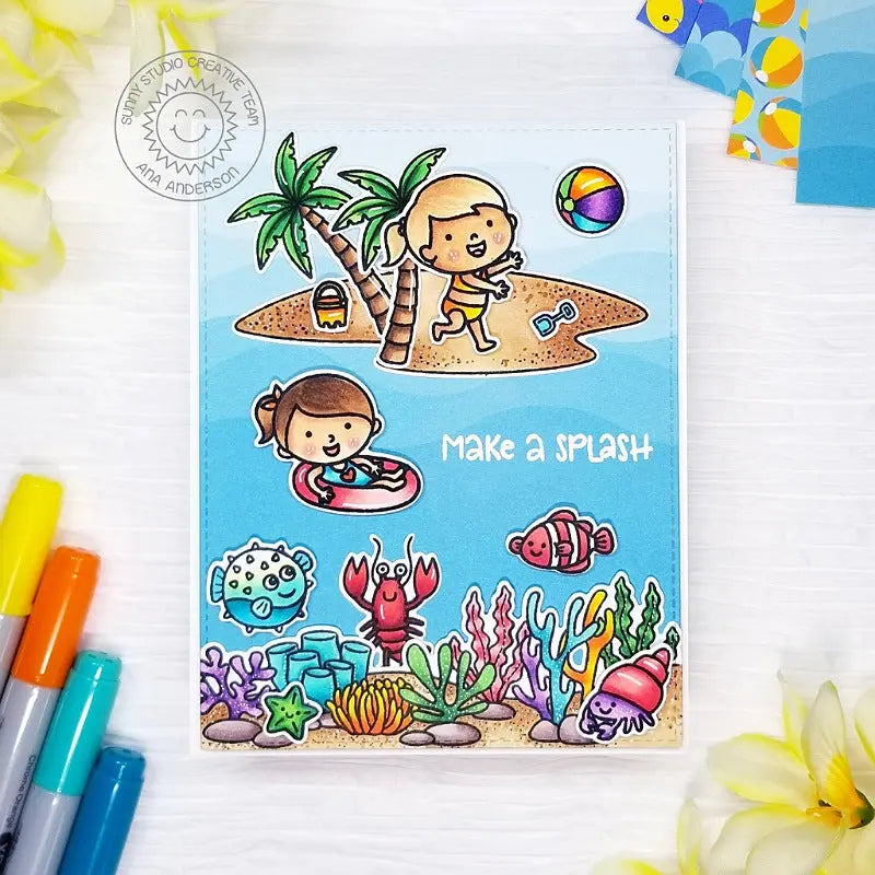 Sunny Studio Kids Playing at Beach, Swimming in Ocean, Palm Trees, Coral & Fish Summer Card using Beach Babies Clear Stamps