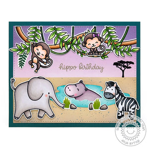 Sunny Studio Hippo Birthday Punny Monkey, Giraffe, Zebra & Hippo Safari Themed Card using Savanna Safari Animal Clear Stamps