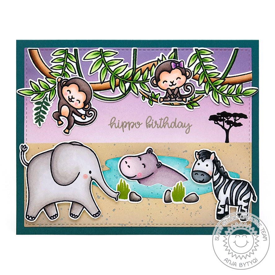 Sunny Studio Hippo, Elephant, Monkey & Zebra Punny Safari Card with Hanging Vines Border using Tropical Scenes Clear Stamps