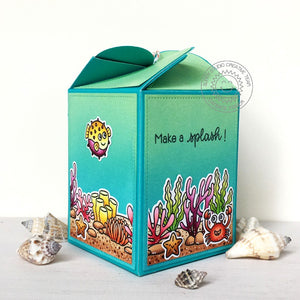 Sunny Studio Make A Splash Summer Ocean Themed Wrap Around Gift Box using Tropical Scenes 4x6 Clear Photopolymer Stamps