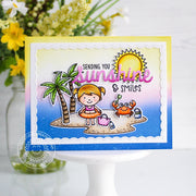 Sunny Studio Sending Sunshine Beach Girl & Crab with Island Palm Trees Ocean Summer Card using Tropical Scenes Clear Stamps
