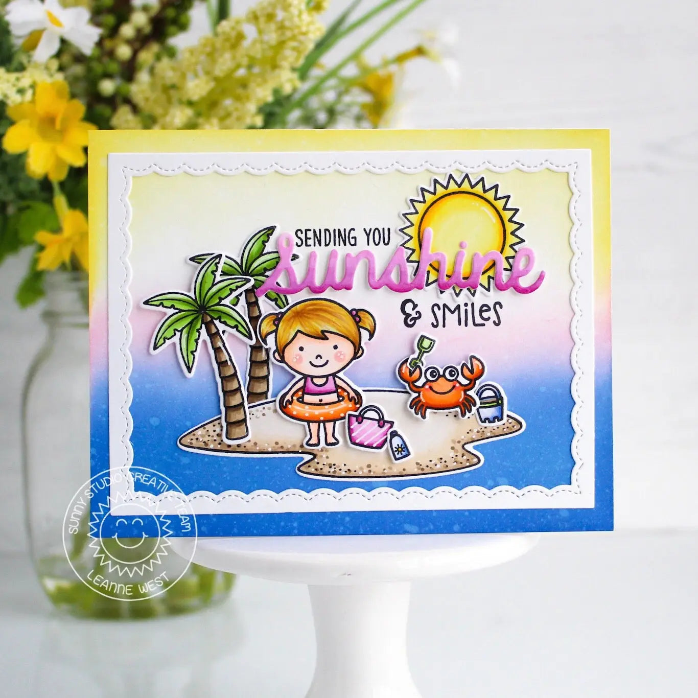 Sunny Studio Sending Sunshine & Smiles Girl with Crab on Island Summer Card by Leanne West (using Beach Babies Clear Stamps)
