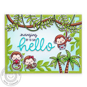 Sunny Studio Stamps Swinging By To Say Hello Monkeys with Vines Card using Botanical Backdrop Leafy Frame Metal Cutting Dies