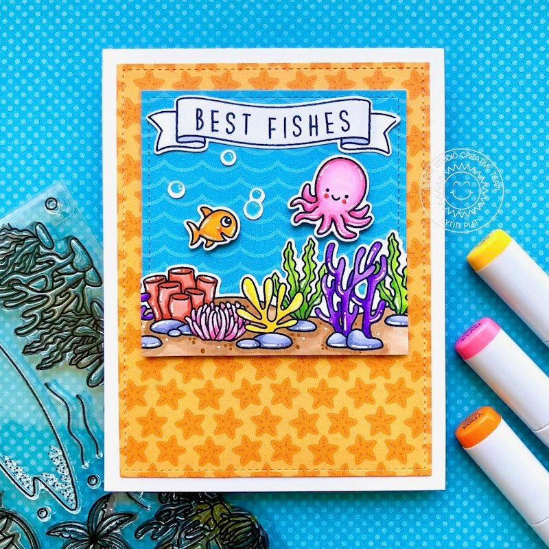 Sunny Studio Stamps Octopus Best Fishes Ocean Themed Handmade Card with Orange Starfish Print Background (using Summer Splash 6x6 Patterned Paper Pack)