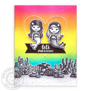 Sunny Studio Stamps Let's Shell-e-brate Black & White with Rainbow Background Ocean Themed Handmade Birthday Card (using Magical Mermaids 4x6 Clear Photopolymer Stamp Set)