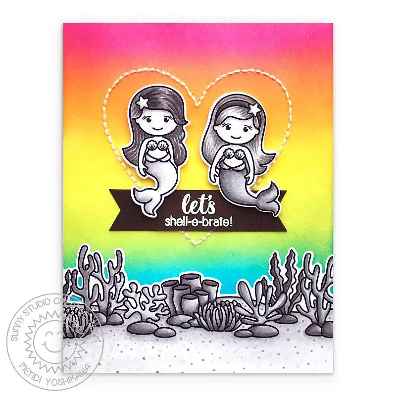 Sunny Studio Stamps Let's Shell-e-brate Black & White with Rainbow Background Ocean Themed Handmade Birthday Card (using Magical Mermaids 4x6 Clear Photopolymer Stamp Set)