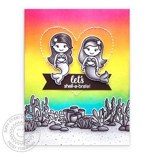 Sunny Studio Mermaids with Rainbow Background, B&W Coral & Stitched Heart Summer Card using Tropical Scenes Clear Stamps