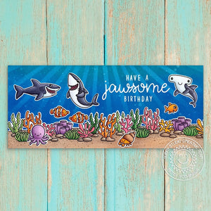 Sunny Studio Jawsome Birthday Shark, Fish & Coral Under The Sea Ocean Themed Slimline Card using Tropical Scenes Clear Stamps