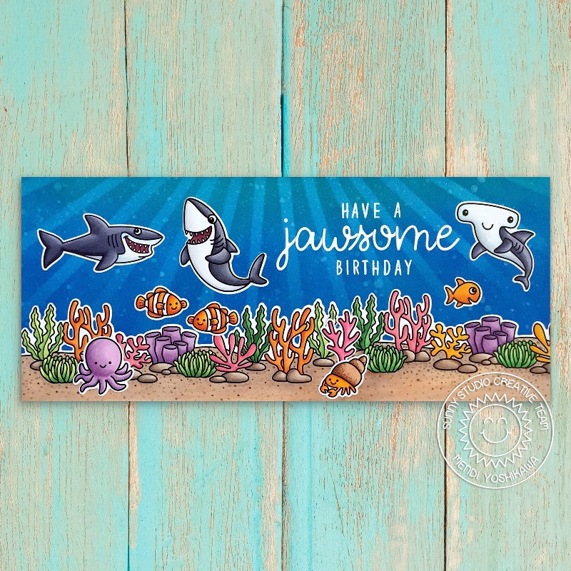 Sunny Studio Shark, Fish & Coral Ocean Floor Scene Slimline Jawsome Birthday Card using Sea You Soon 2x3 Mini Clear Stamps