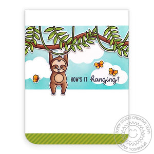 Sunny Studio Punny Hanging Sloth with Jungle Vines Summer Card using Tropical Scenes 4x6 Border Clear Photopolymer Stamps