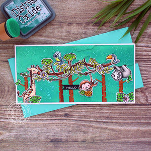 Sunny Studio Emerald Green Giraffe, Monkey, Sloth & Tropical Bird Slimline Card using Savanna Safari Animal 4x6 Clear Stamps