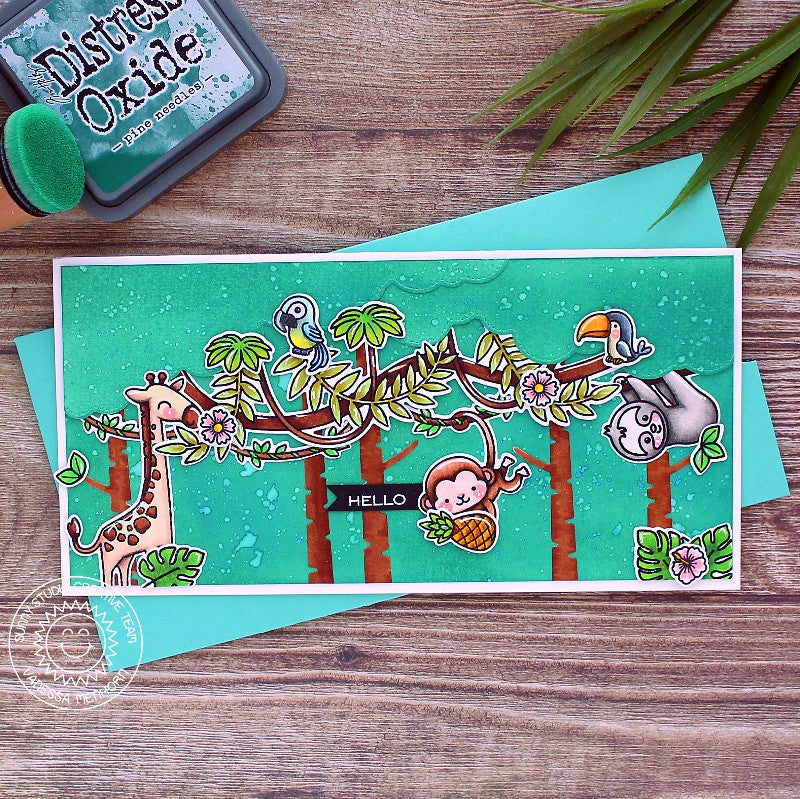 Sunny Studio Stamps Savanna Safari Jungle Themed Giraffe, Monkey, Sloth and Birds hanging on vines Handmade Slimline Card by Vanessa Menhorn (using Rustic Winter Birch Tree Metal Cutting Dies)