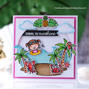 Sunny Studio Sending You Sunshine Girl Swimming in the Waves with Palm Trees Island Card using Tropical Scenes Clear Stamps