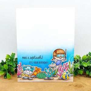 Sunny Studio Make A Splash Snorkling Girl with Ocean Fish & Coral Border Birthday Card using Tropical Scenes 4x6 Clear Stamps