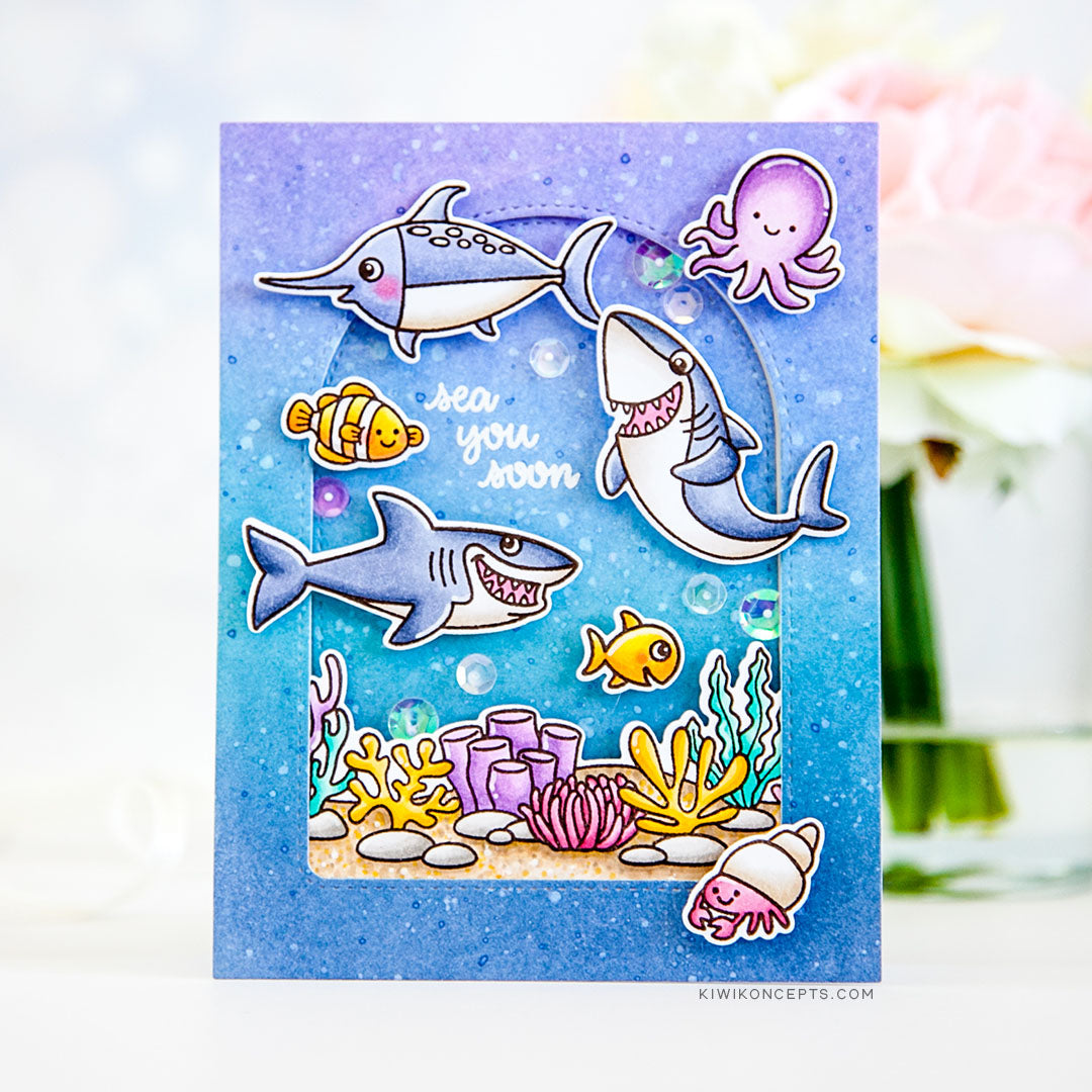 Sunny Studio Stamps Sea You Soon Shark, Swordfish, Fish, Octopus & Crab Ocean Card using Stitched Arch Metal Cutting Dies