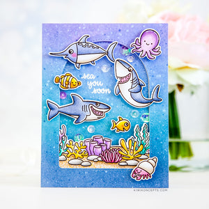Sunny Studio Stamps Sea You Soon Shark, Swordfish, Clown Fish, Octopus and Hermit Crab Ocean Themed Card with Stitched Arch Window (using Best Fishes 4x6 Clear Photopolymer Stamp Set)