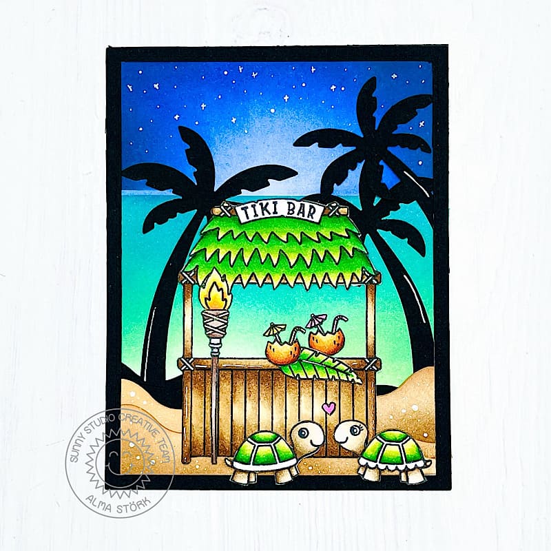 Sunny Studio Turtles at Tiki Bar on Beach with Palm Trees & Ocean Summer Card (using Tiki Time 4x6 Clear Stamps)