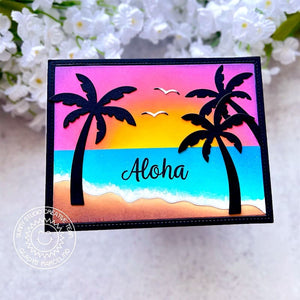 Sunny Studio Stamps Palm Trees Silhouette Colorful Beach Sunset & Seagulls Card using Tropical Trees Backdrop Cutting Die