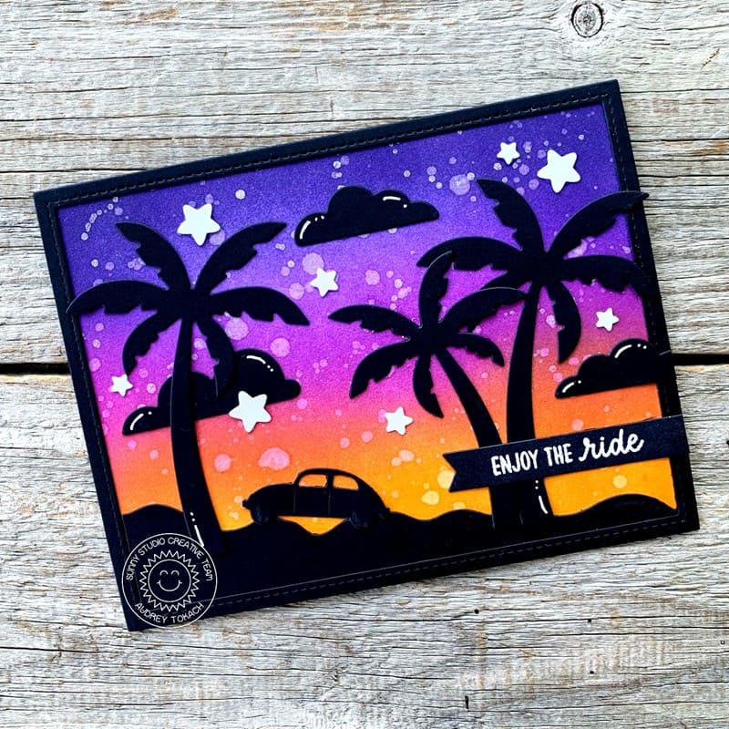 Sunny Studio Stamps Car & Palm Trees Silhouette with Beach Sunset Enjoy the Ride Card (using Tropical Trees Backdrop Die)