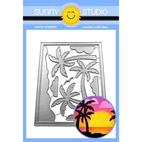 Sunny Studio Stamps Tropical Trees Backdrop A2 Background Metal Cutting Dies with Stitched Frame, Palm Trees, Slope & Clouds
